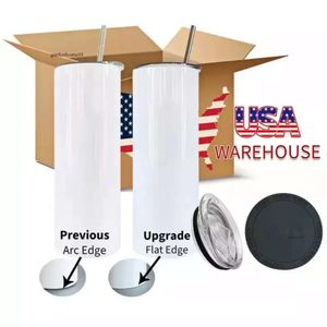 USA Warehouse 25pc/Carton Sublimation Tumblers 20オンスステンレス鋼二重壁断熱ストレートブランクホワイトウォーターカップと熱伝達のための蓋とストロー0426