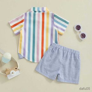 Giyim Setleri Bebek Giyim Çocuklar Erkekler Günlük Kısa Kollu Çizgili Gömlek Elastik Bel Şortlu Set Toddler Yaz Kıyafet