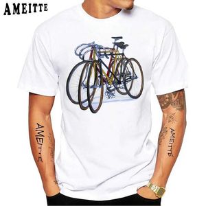 メンズTシャツヴィンテージバイクアートTシャツクラシックフィクスギア自転車トップスサマーサイクリングスポーツメンズ半袖ヒップホップボーイカジュアルホワイトティーT240425