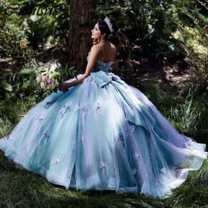 Rauch blau abnehmbare Ärmel Perlenkugel Kleid Quinceanera kleidet sich von der Schulter 3D Blumen Falten Korset Vestidos de 15 Anos
