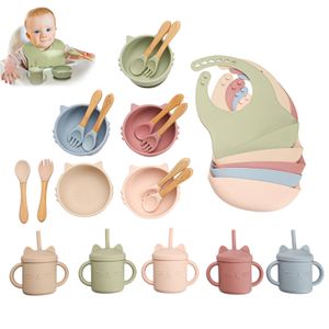 5 PC/SET SILICONE MATNINGSBOLK TABELSIDE SET Söt katt Silikon Sugskål med sked Sippy Cup Bib Watertproof Kitchenware 240416