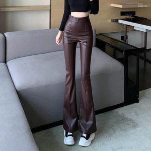 Calça feminina biyaby pu de couro fino fino para mulheres vintage alta cintura elegância de elegância de streetwear casual calças pretas