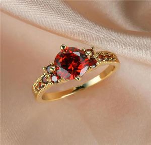 Wedding Rings Charm Female Red Crystal Stone Ring Yellow Gold Color Thin For Women Luxury Round Zircon Engagement1500823