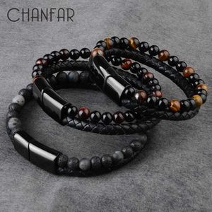 Bärad natursten armband äkta lädervävd svart rostfritt stål magnetiskt spänne tiger ögon pärla mens smycken