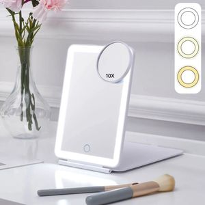 Folding 10x Magnifying Makeup Mirror 3 Colors LED Light Cosmetic Mirror Touch Screen Stepless Dimming USB Travel Dressing Glass 240416