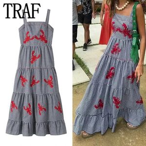 TRAF Plaid Slip Long Dress Woman Embroidery Ruffle Summer Dresses 2024 Sleeveless Beach Holiday Dress Women Casual Midi Dresses 240412