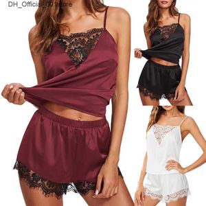 Sexy Set 2PCS Pajama Womens Lace Patch Work Satin Italian Noodle Shoulder Straps Hot Shorts Pajamas Q240426