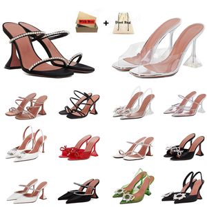 Orignal Box Luxury Fashion Amina Muaddi Womens Dress Shoes Ladies High Heel Clear Sandals Flower Diamond Party äkta läderdesigner Plattformskor Storlek 35-42