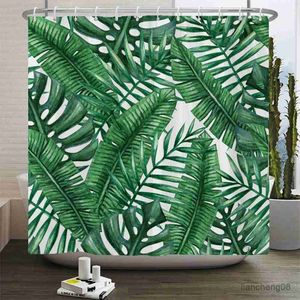 Cortinas de chuveiro Plantas verdes tropicais 3D Impressão de folhas Estilo nórdico Curta