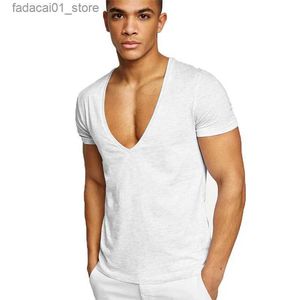 Men's T-Shirts MRMT Mens Deep V-neck European Size Fitness Leisure Cotton T-shirt Solid Color T-shirtQ240426