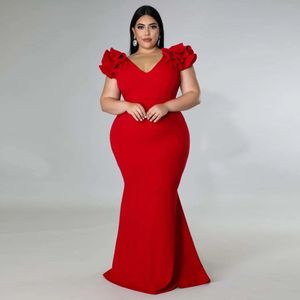 Plus Size Evening Kleid elegante Dame Rüsche rot schwarz sexy sexy Rückenlose große Größen Frauen Party formelle Maxi lange Kleider Sommer 240419