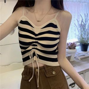 Kvinnors tankar Summer Women Drawstring Front Rands Knit Topps Femme Sexig V Neck Sleeveless Crop Casual Croped Tank Top