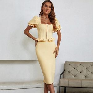 Sukienki imprezowe Kobiety jesienne seksowne krótkie mleewa żółte midi body bandage sukienka 2024 eleganckie wieczorne vestido
