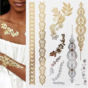 Tattoo Transfer Flash Metallic Waterproof Temporary Tattoo Gold Silver Tatoo Women Henna Mandala Flower Lace Taty Indian Arabic Tattoo Sticker 240427