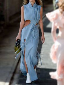 Women Denim Dress Fashion High Waist Hollow Out Long Party Dress Sexy Cutout Sleeveless Thigh Stand Collar Slit Maxi Dresses 240412 240424