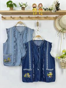 Women's Vests Mori Kei Clothing Vintage Embroidered Denim Vest For Women Summer Stringy Selvedge Lace-up Cardigan Boho Jean