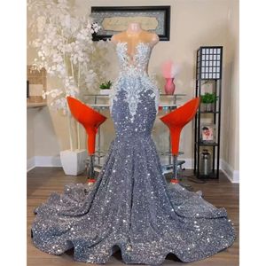 Sequin Mermaid Grey Dresses Shinning Prom O Neck Lace Appliques Plus Size Birthday Party Gowns For Arabic Women Custom Made0219