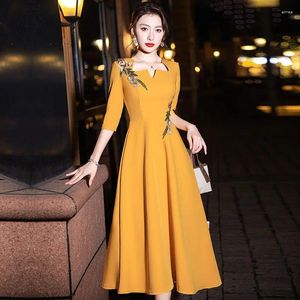 Party Dresses Evening Dress For Women Half Sleeve Banquet Elegance Yellow Light Luxury High End French Waist Slimming A-line Mid Length