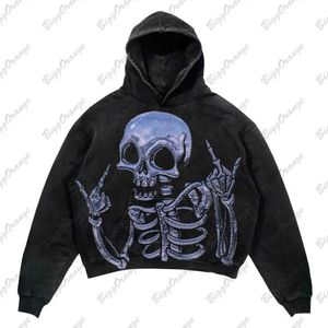 Men's Hoodies Sweatshirts Y2K New Dark Oversize hoodie Skull Print High Strt Hip-hop Retro Design Coat Thickened Top sudaderas para mujer harajuku H240425