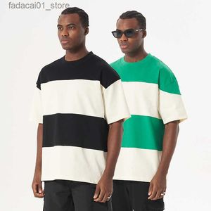 Men's T-Shirts 240g striped color blocking casual short sleeved T-shirt trendy brand new small neckline mens T-shirtQ240426