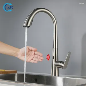 Kitchen Faucets Black/Brushed Nickel Smart Sensor Faucet 304 Stainless Steel Pull Out Mixer Tap Infrared Induction Sink