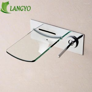 Bathroom Sink Faucets LANGYO Chrome Waterfall Glass Spout Basin Cold Single Handle Taps Wall Mounted Mixer Faucet