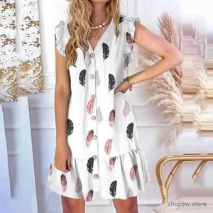 Grundläggande avslappnade klänningar Kvinnor Summerklänning Flying Sleeve Sleeveless Print V Neck A-Line Loose Hem Single-Breasted Patchwork Kne Length Midi Dress