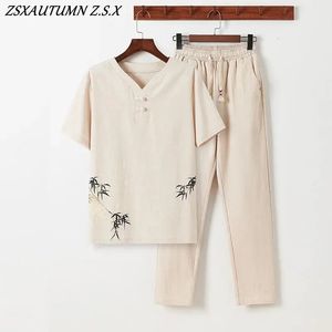 Kinesisk retro stil tang kostym män set linne zen te tee topp byxor kung fu enhetlig orientalisk mode casual lös t-shirt byxor 240415