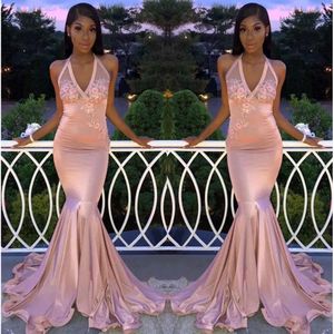Mermaid Prom Girls Satin Black Abites Halter V Neck D Floral Lace Applique Sweep Train Party Evening Gowns BC BC