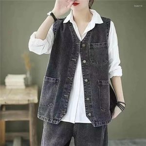 Women's Vests Spring Summer 2024 Denim Vest Women Solid V-Neck Sleeveless Female Jacket Fashion Casual Short Jeans Waistcoat Ladies Tops