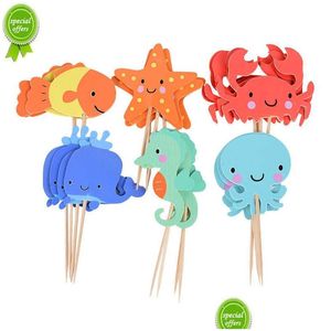 Andra evenemangsfestleveranser 24 st Ocean Animal Cupcake Toppers under Sea Cake Flags Boy Baby Shower Mermaid Theme Birthday Deco Dhkuz