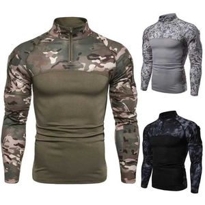 Tactical T-shirts Mens military field outdoor T-shirt fitness camouflage long sleeved zipper elastic standing neck T-shirt 240426