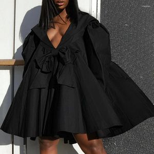 Casual Dresses V-neck Pleated Mini Dress Elegant High Waisted Pullover Women Clothing Loose Bowknot Long Sleeved Vestidos