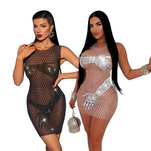 Nowy projektant Sexy Mesh mini sukienka Kobiety bez rękawów sukienki Diamenty Sukienki Summer