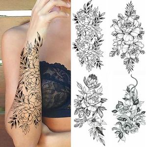 Tatueringsöverföring svart blomma tillfälliga tatueringar klistermärke armhylsa rose moon fjäril orm henna kropp dekorera realistiska falska 3D -kvinnor totem 240427