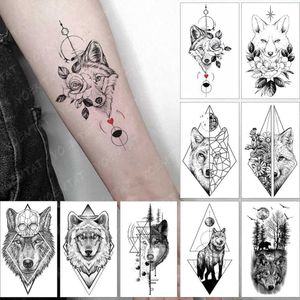 Tattoo Transfer Waterproof tillfällig tatuering klistermärke Geometri svart varg Fox Forest Moon Flower Flash Tatoo Fake Tatto For Body Art Women Men 240427