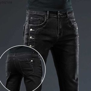 Męskie dżinsy Nowe męskie Ultra cienki przycisk Czarne ciasne dżinsy Solid kolorowy elastyczna deskorolka Multi Button Męs Jeansl2404
