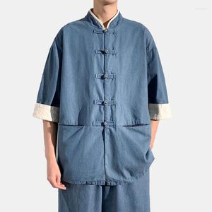 Camicie casual maschile uomini cinesi in stile vintage giunti denim maniche corta collare estate più blusa per uomo camicia da uomo