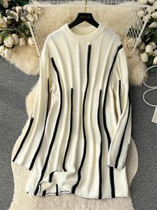 Casual Dresses SINGREINY Striped Knit Dress Women O Neck Long Sleeve Soft Elegant Retro Ladies Winter Chic Sweater Midi