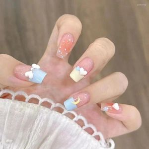 False Nails French Fashion Sweet Love Heart Long Square Fake Nials Full Cover Detachable Press On DIY