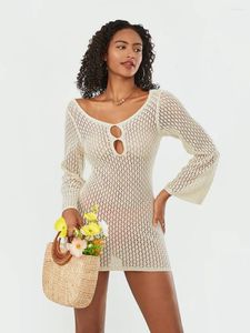 Women Knit Crochet Mini Dress Sheer Cutout V-Neck Long Sleeve Backless Short Summer Swimmer Covers Up