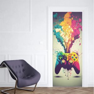 Players Neon Punk Game Door Sticker Splash Ink Gamepad Wallpaper Gaming Murals PVC Waterproof Selfadhesive Teens Bedroom Decor Poster