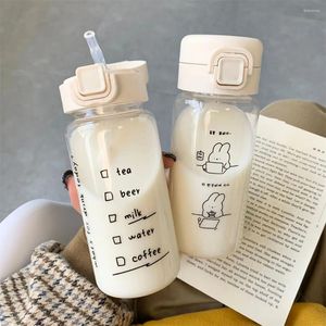 Garrafas de água garrafa de desenho animado criativo com palha de palha de bebida plástica portátil à prova de vazamentos para chá de café com leite
