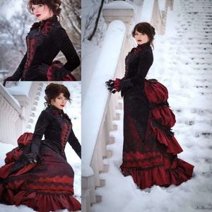 Bury Elbiseler Vintage Düğün Siyah Gotik Gelin ve Önlükler Uzun Kollu Victoria Bustle Kışla Kış Gelin Resmi Giyim Veet Ceket Vestidos De Novia