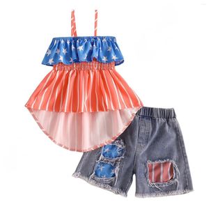 Girl Dresses Kids Toddler Baby Girls Spring Summer Independence Day Star Stjärna Randiga Suspender Denim Shorts Outfits täcker filt med namn