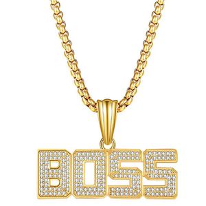 Strands Punk Crystal Letter Boss Pendant Gold Long Cuban Chain Necklace Hip Hop Necklace Mens Jewelry 240424