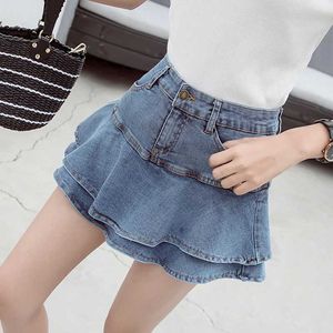 Spódnice Fashion Ruffles Dżinsowe spódnice Summer Women High talia Podszewka Jean Mini spódnice Casualne solidne koreańskie spódnice Y240420