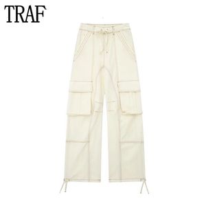 TRAF 2024 Cargo Pants for Women Beige Wide Leg Pants Women Summer High Waist Woman Trousers Holiday Casual Baggy Pants Woman 240424