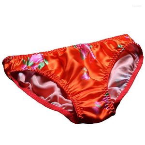 Kvinnors trosor glansiga blommigt tryck Ice Silk Tight Satin underkläder plus storlek Underkläder Sexig medium midja trosor