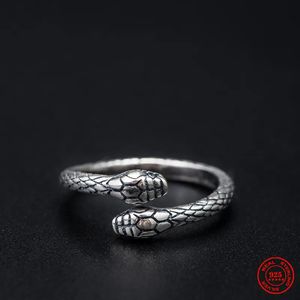 MKENDN Retro punk real 925 prata esterlina dupla cabeça de cobra anel de cobra personalidade de moda de abertura estereoscópica jóias ajustáveis 240420